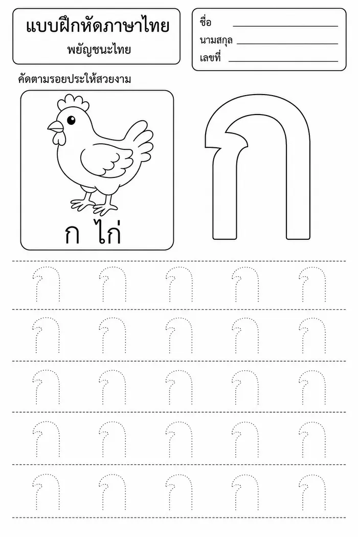 ใบงานคัดพยัญชนะ ก ไก่ ตามรอยประ สำหรับอนุบาล